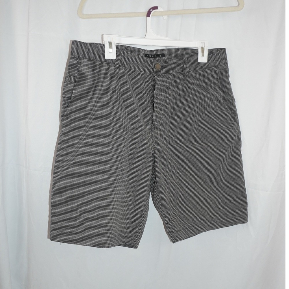 Theory Mens Micro Grid Check Shorts Grey White Button Fly Size 34